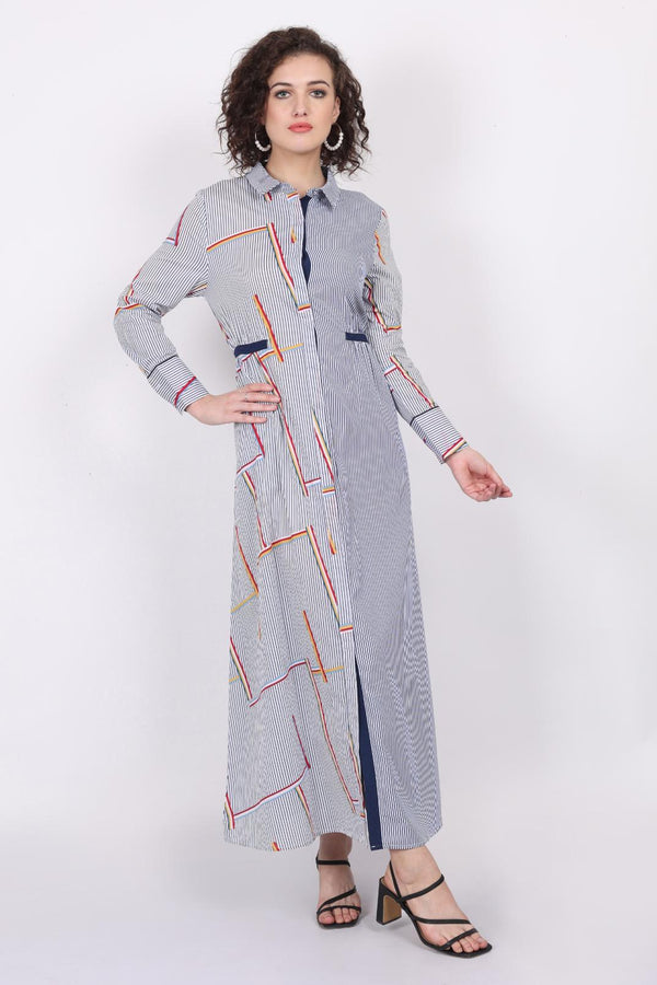 Striped M n M Cinched Waist Long Shirt Dress