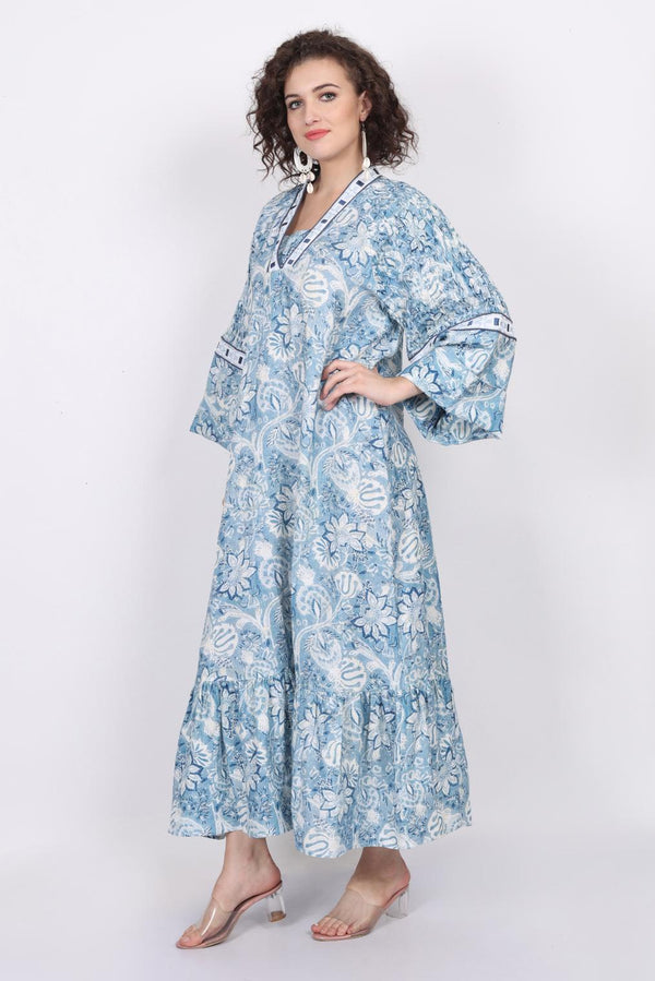 Embroidered Tape Kaftan Dress In Printed Linen