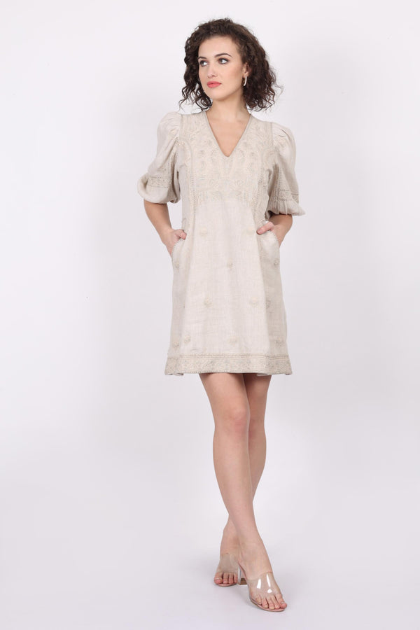 Short Sleeve Dress With Silver Beige Embroidery