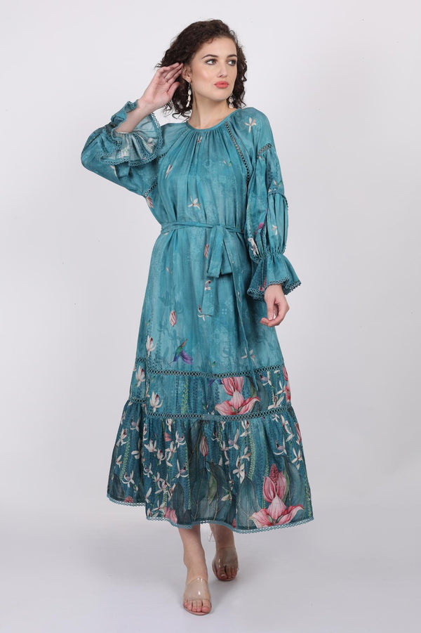 Border Printed Dress Wth Tiered Lace & Gathered Sleeves