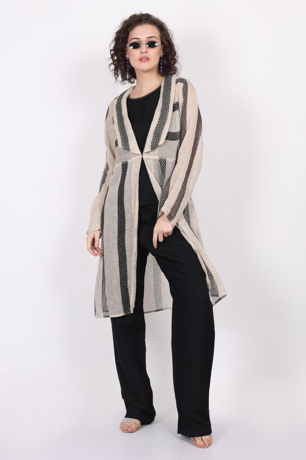 Collared Shrug In Lt Weight Linen Stripes With Slv/L Top And Straight Pant