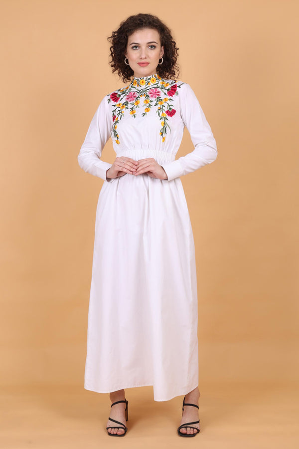 Maxi Dress With Multi Color Thread Embrodiery At Front And Back Bodice