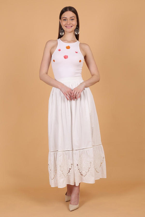 Gathered Skirt With Cutwork Embroidery