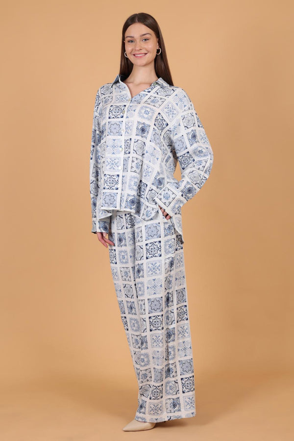 Comfy Shirt With Lounge Loose Pant In Printed Dobby