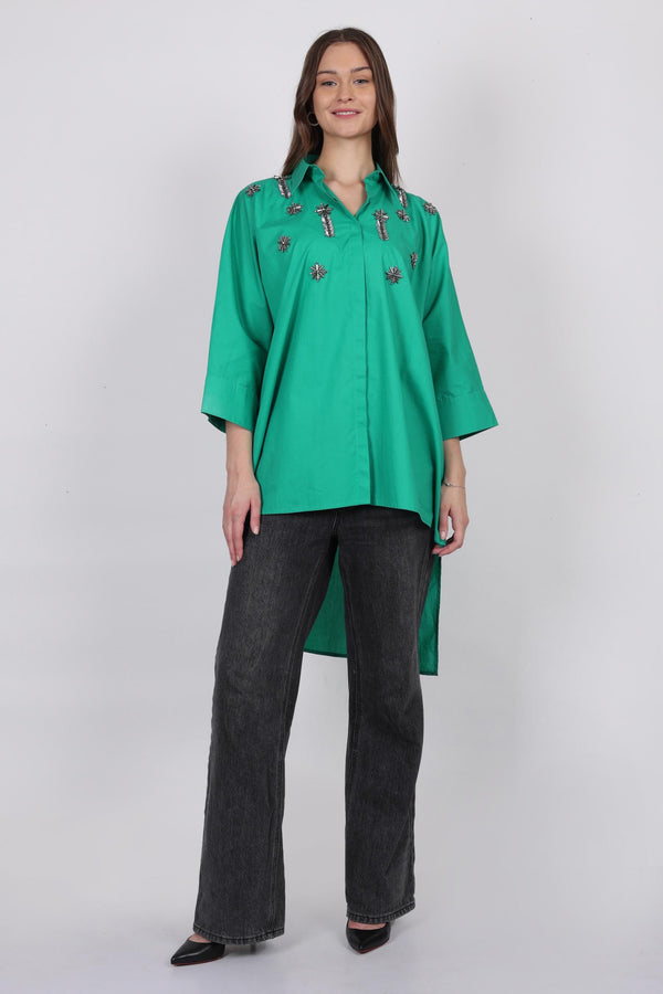 Solid High Low Shirt With Black Crystal Gems Embroidery