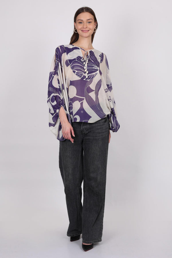 Batwing Kimono Top With Pearl Embroidered Yoke